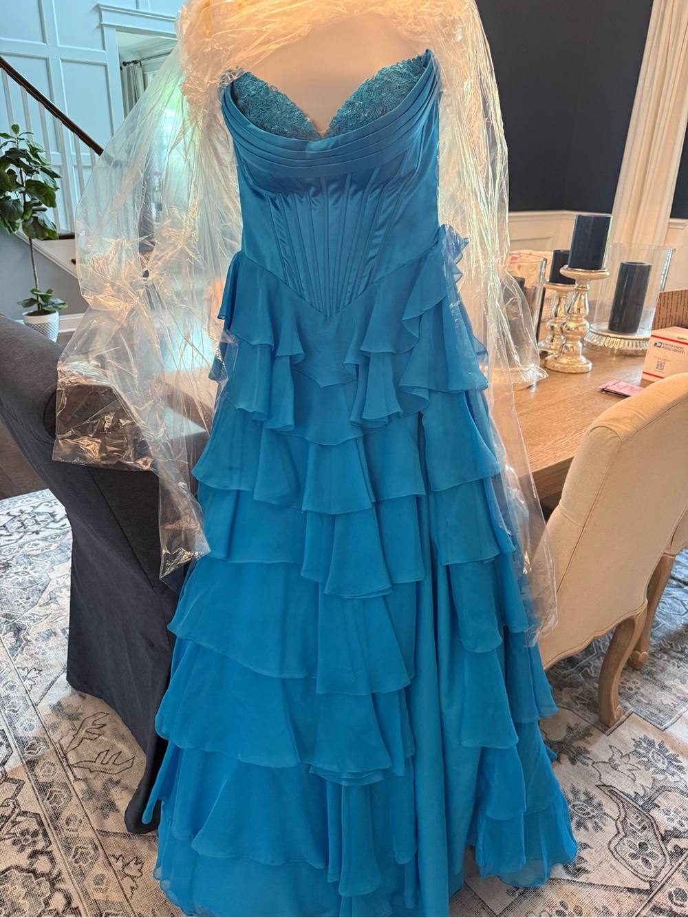 Sherri Hill Turquoise Blue Strapless Ruffled Formal Gown